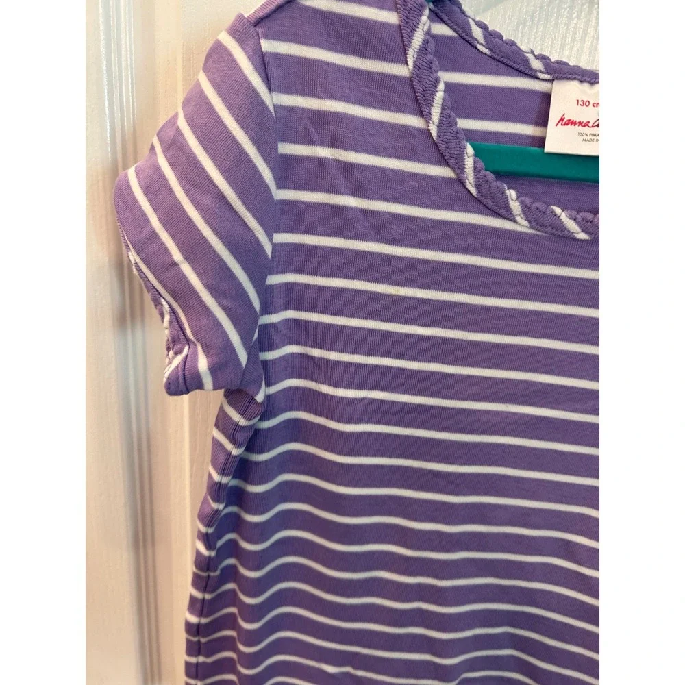 Hanna Andersson T-Shirt Purple Striped Pima Cotton Scallop Trim Girls Size 8 130